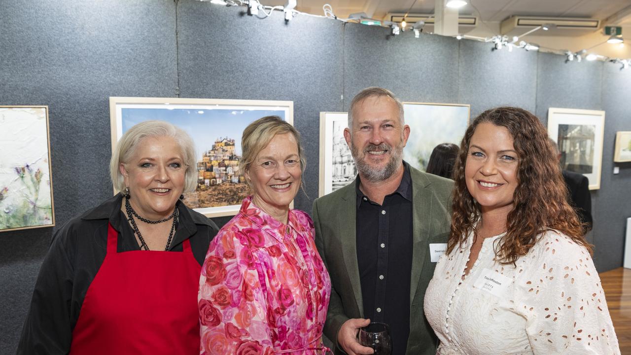 At Fairholme Open Art Prize FACETS exhibition opening are (from left) Tina Hammond, college principal Dr Linda Evans, David Johnston and Tina Johnston, Friday, May 10, 2024. Picture: Kevin Farmer