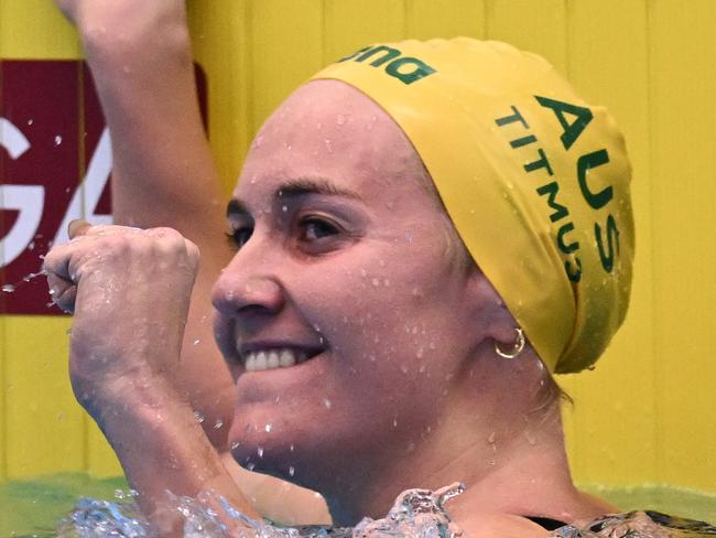 FUKUOKA, JAPAN - JULY 23:   Ariarne Titmus of Team Australia celebrates winning gold in the Women's 400m Freestyle Final in a new world record time of WR 3:55.38 on day one of the Fukuoka 2023 World Aquatics Championships at Marine Messe Fukuoka Hall A on July 23, 2023 in Fukuoka, Japan. (Photo by Quinn Rooney/Getty Images)