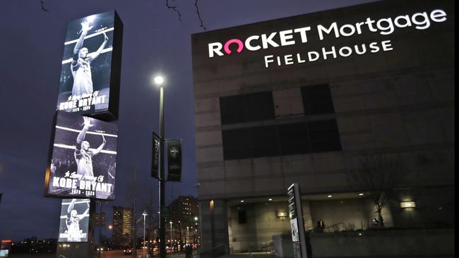 Photos of Kobe Bryant were displayed as fans entered the Rocket Mortgage Fieldhouse for an NBA basketball game in Cleveland. Picture: AP