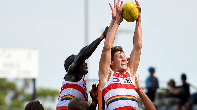 Jordan Dawson was terrific despite the Swans’ heavy loss. Picture: AAP Image/Dan Himbrechts.