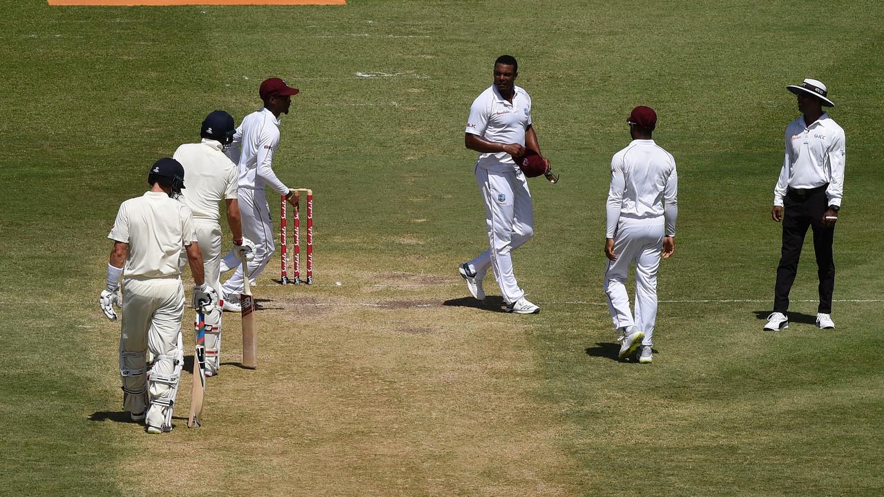 Shannon Gabriel exchanges words with Joe Root and Joe Denly. Photo: Shaun Botterill/Getty Images.