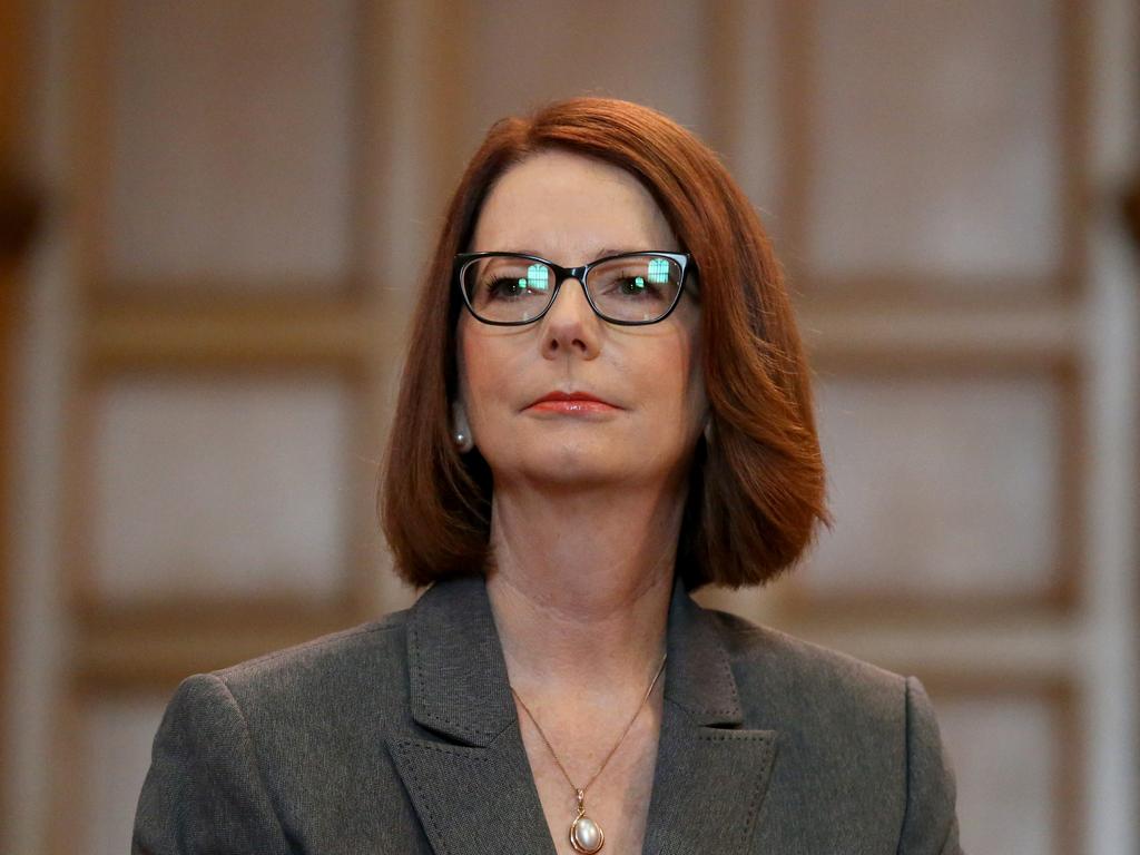 “Looking back on my time in politics, I do wish I’d called out the sexism earlier,” former Prime Minister Julia Gillard told reporters last year. Picture: Kelly Barnes/The Australian