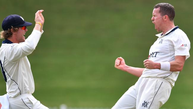 Peter Siddle celebrates the wicket of Jason Sangha. Pic: AAP 