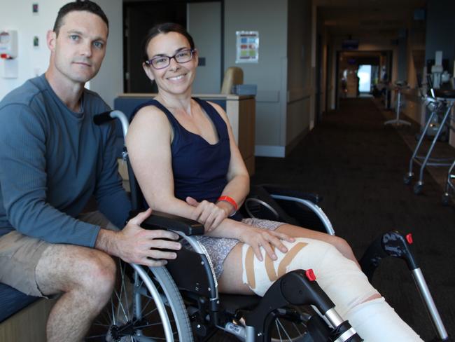 Woman who was saved by a shark by her husband is receiving plastic surgery at Northern Beaches Hospital. Left to right : Mark Rapley and Chantelle Doyle, 35, at Northern Beaches Hospital.