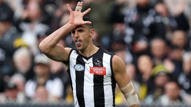 Scott Pendlebury celebrates after kicking the first goal of the game agains Richmond. Picture: Mark Stewart