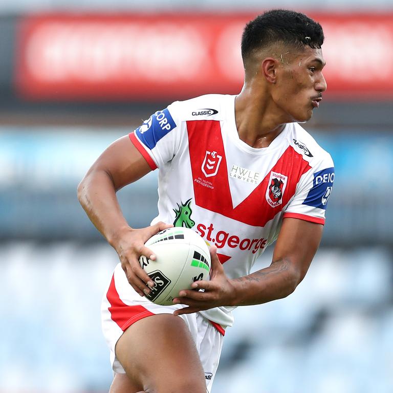 Junior Amone of the Dragons set up a try for young prop Josh Coric. Picture: Brendon Thorne/Getty Images