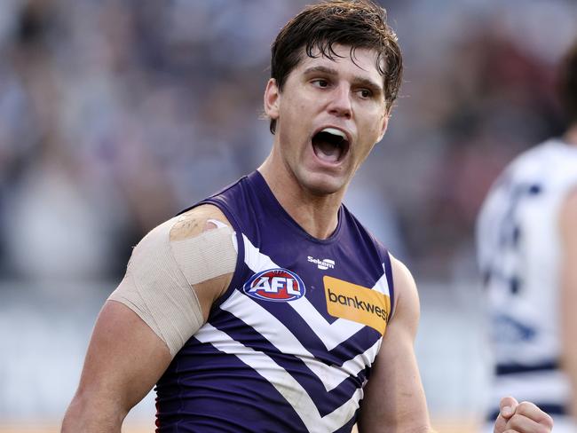 GEELONG, AUSTRALIA - JULY 29: Lachie Schultz of the Dockers celebrates a goal during the round 20 AFL match between Geelong Cats and Fremantle Dockers at GMHBA Stadium, on July 29, 2023, in Geelong, Australia. (Photo by Martin Keep/Getty Images)