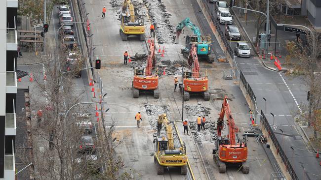 Construction on the tram line along King William St. Picture: Tait Schmaal