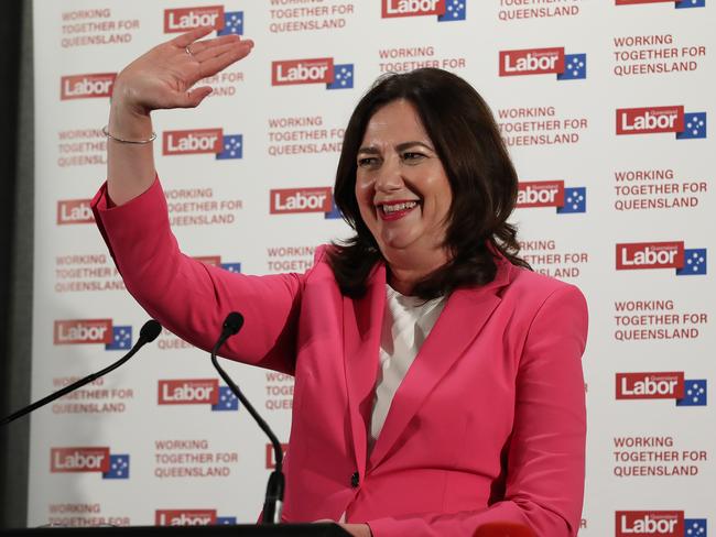 Ms Palaszczuk delivered her victory speech at the Blue Fin Fishing Club in her electorate of Inala on Saturday night. Picture: Jono Searle/Getty Images