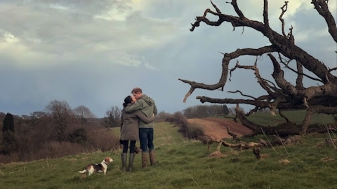 The couple kiss on a dog walk CREDIT: Duke and Duchess of Sussex/Netflix