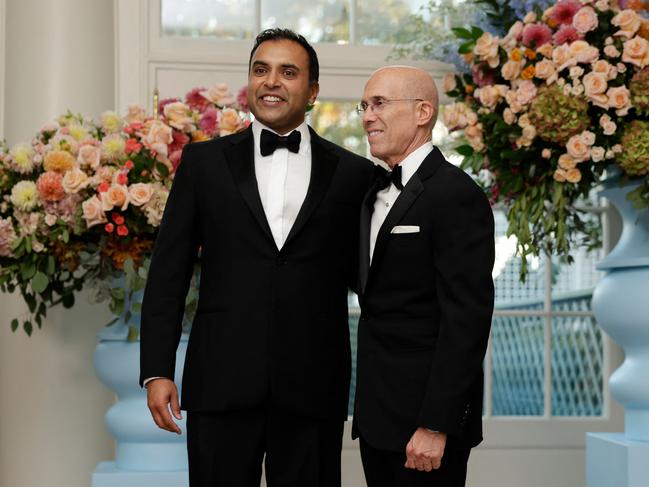 CEO of DreamWorks Animation Jeffrey Katzenberg, right, and founder and managing partner at WndrCo Sujay Jaswa arrive for the state dinner. Picture: AFP