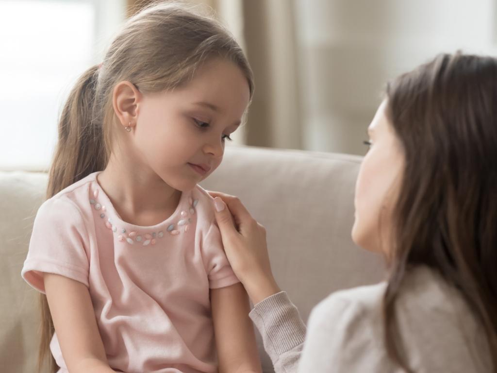 Children, mental health. Loving worried mom psychologist consoling counseling talking to upset little child girl showing care give love support, single parent mother comforting sad small sullen kid daughter feeling offended