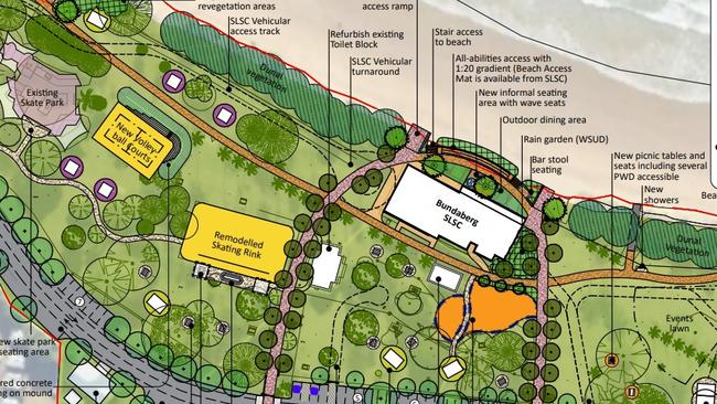 The concept design plan includes locations for new and refurbished shelters throughout the park and a new car park with more than 40 spaces straddling Fred Courtice Ave near the Bundaberg Surf Life Saving Club.