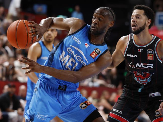 WOLLONGONG, AUSTRALIA - MARCH 08: Ian Clark of Melbourne United passes the ball during game one of the NBL Grand Final Series between Illawarra Hawks and Melbourne United at WIN Entertainment Centre, on March 08, 2025, in Wollongong, Australia. (Photo by Darrian Traynor/Getty Images)