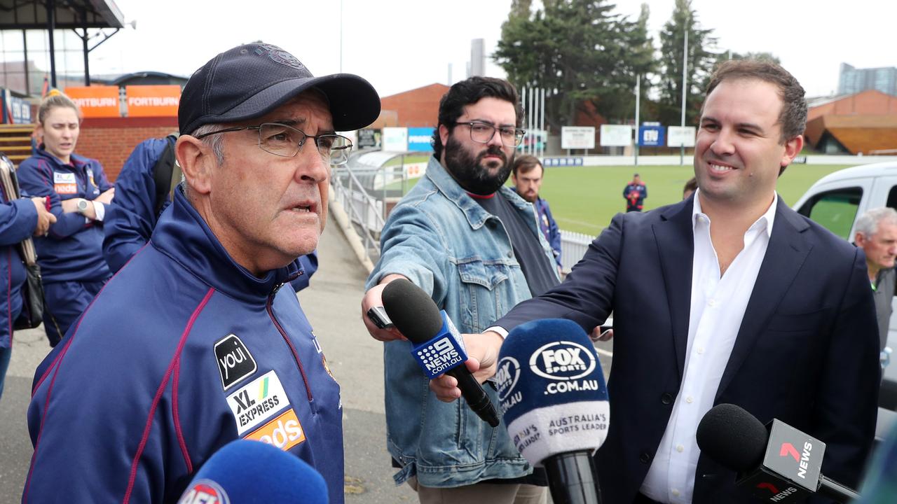 Brisbane coach Chris Fagan is asked about the quarter-time incident at the Lions’ training session on Monday. Picture: Michael Klein