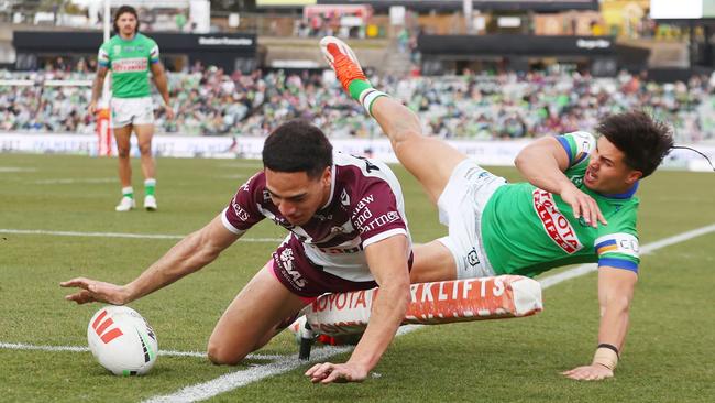 Lehi Hopoate has locked in a round 1 starting spot on the back of a breakout year for Manly. Picture: Mark Nolan/Getty Images