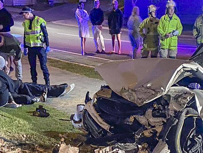 Scene of a serious traffic crash in the early hours of Sunday morning.  A holden Commodore travelling west ion William Boulevard at Pimpama when it mounted a roundabout and went flying into a wall.Picture: Supplied