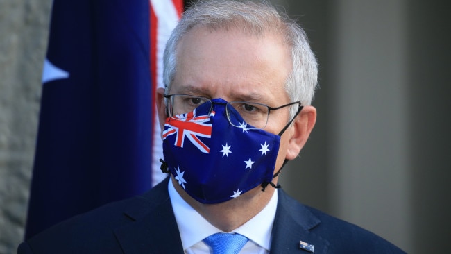 Scott Morrison’s personal approval ratings have plummeted. The prime minister is seen during a press conference in July. Picture: NCA NewsWire / Christian Gilles