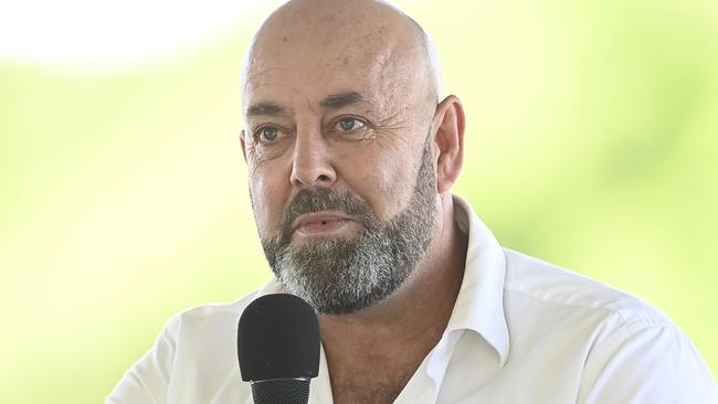 TOWNSVILLE, AUSTRALIA - MAY 27:  Former Australian cricketer Darren Lehmann speaks during the public memorial service for Andrew Symonds at Riverway Stadium on May 27, 2022 in Townsville, Australia. Former Australian cricketer, Andrew Symonds passed away after a car accident on May 14th.  (Photo by Ian Hitchcock/Getty Images)