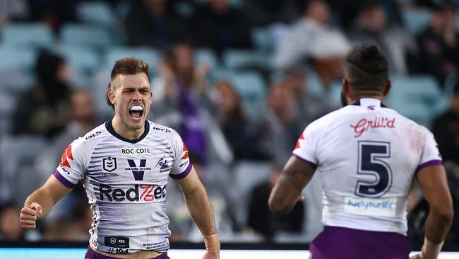 Ryan Papenhuyzen and Addo-Carr both won titles with the Storm after leaving the Tigers. Picture: Cameron Spencer/Getty Images