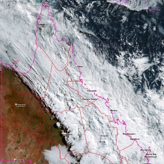 A cold and wet start to the week for eastern Queensland, with a large cloud band delivering widespread moderate rain today north of the Sunshine Coast. Picture: BOM