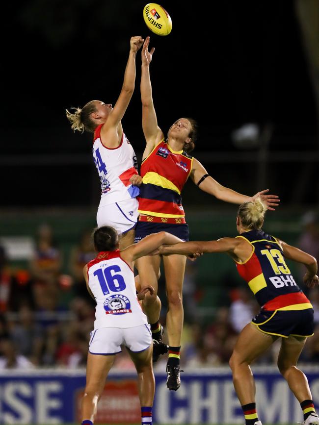 Crows stand in ruck Jess Foley was impressive in her first game of AFLW after making the conversion from basketball. She had 25 hit outs for the match against the Western Bulldogs. Picture: AFL Media/Getty Images