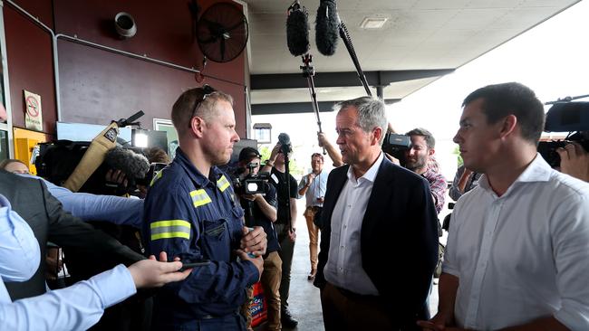 NEWS2019ELECTION 23/4/2019. DAY 13Opposition Leader Bill Shorten talking to workers at GPC with  Labor candidate for Flynn, Zac Beers at Gladstone Port in  QLD. Picture Kym Smith