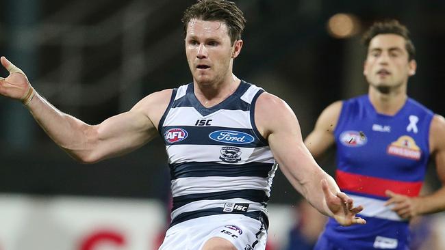 Patrick Dangerfield cut loose in the second half against the Western Bulldogs at Simonds Stadium last year. Pic: Michael Klein