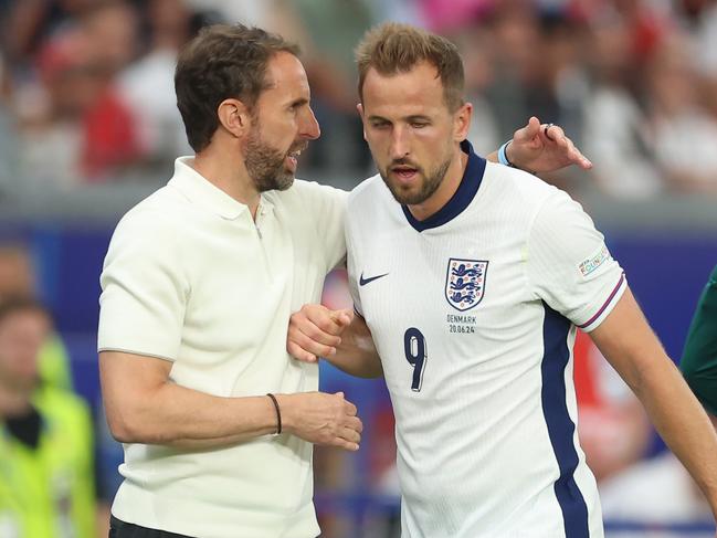 FRANKFURT AM MAIN, GERMANY - JUNE 20: England head coach Gareth Southgate and Harry Kane of England during the UEFA EURO 2024 group stage match between Denmark and England at Frankfurt Arena on June 20, 2024 in Frankfurt am Main, Germany. (Photo by Richard Pelham/Getty Images)