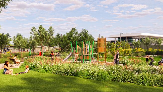 The rejuvenated Lorne Parade Reserve, including a new play area and seating. Artist impression only, subject to change. Plants depicted at 3-5 years post planting. Picture: Level Crossing Removal Project