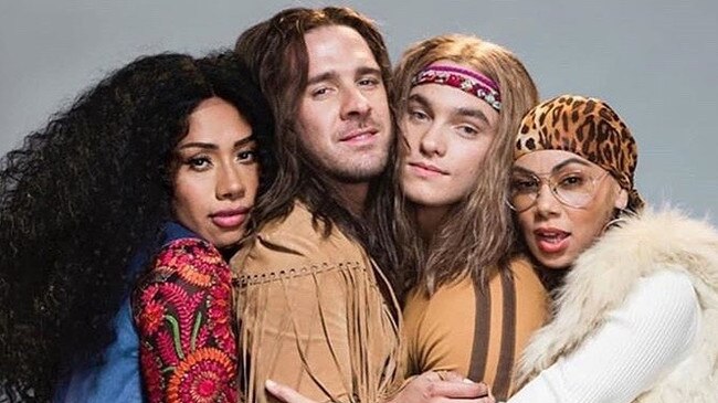 Paulini, Hugh Sheridan, Matthew Manahan and Prinnie Stevens in costume for the musical HAIR.