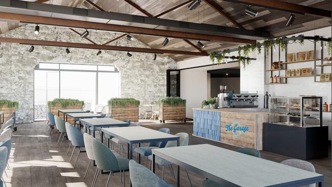 An artist impression of the dining area – which is housed in the heritage Auckland garage building – at The Manly Club on Gilbert Park. Picture: Supplied.