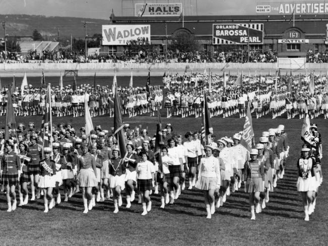 Teams of marching girls line up at the 1963 Royal Adelaide Show 1963.