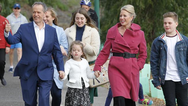 Labor leader Bill Shorten arrives with his family for a press conference in Moonee Ponds on Sunday. Picture: David Crosling