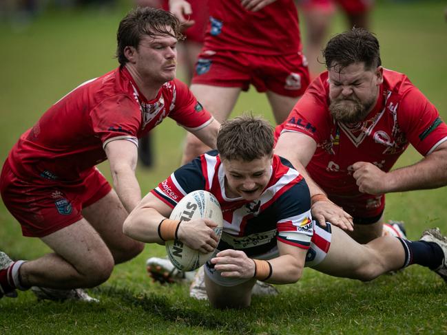 11/05/25. News Local. Sport. Kincumber Central Coast, NSW.Pics by Julian Andrews.Action photographs from Rugby League Central Coast Rd 5Kincumber v Erina at MacKillop Oval in Kincumber.Picture shows:***TRY***Kincumber player: Erina player: Sebastian Plaister scores