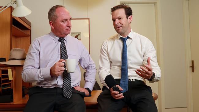 Barnaby Joyce and Matt Canavan record their Weatherboard and Iron podcast in Parliament House on Wednesday. Picture: Gary Ramage