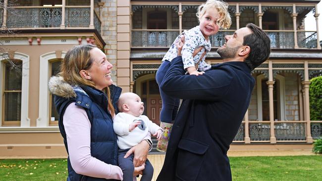 Emily and Josh Carver with their children Henry 2 months and Charlotte 2.5 who they have already enrolled them for high school at Pultney Grammar School in the city.Thursday,June ,1,2023.Picture Mark Brake