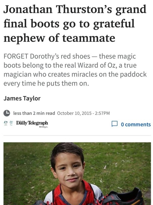 JT gave his 2015 grand final boots to six-year-old Cori Roberts.