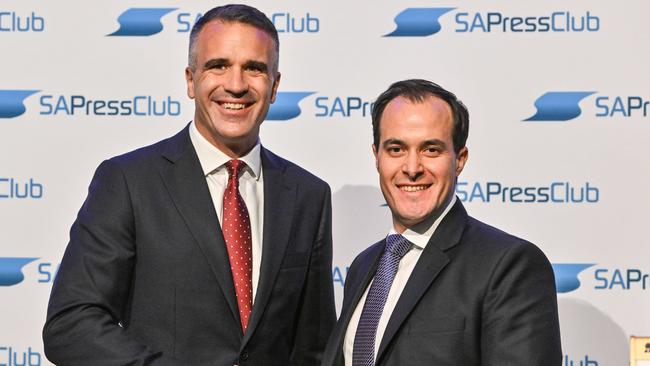 MARCH 21, 2025: SA Press Club leaders' debate between Premier Peter Malinauskas, left, and Opposition Leader Vincent Tarzia. Picture: Brenton Edwards