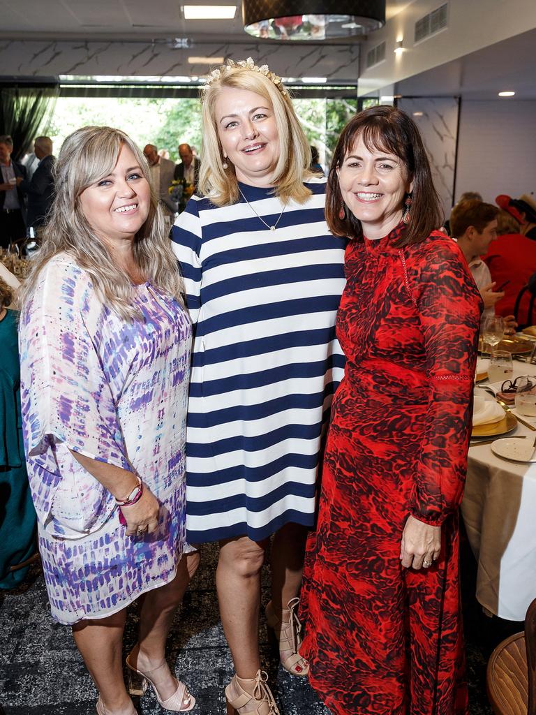 Kym Knight, Jill De Martin and Tina Wessel at the Brisbane Racing Club's grand unveiling of the refurbished Guineas Room. Picture: Jared Vethaak