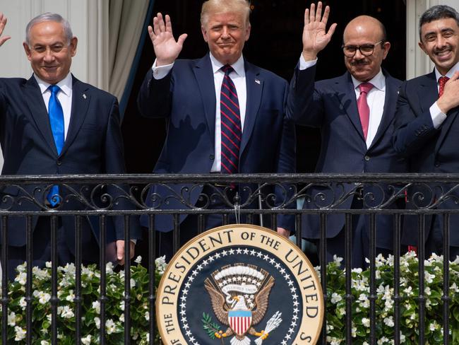 Israeli PM Benjamin Netanyahu, President Donald Trump, Bahrain Foreign Minister Abdullatif al-Zayani, and UAE Foreign Minister Abdullah bin Zayed Al-Nahyan. Picture: AFP