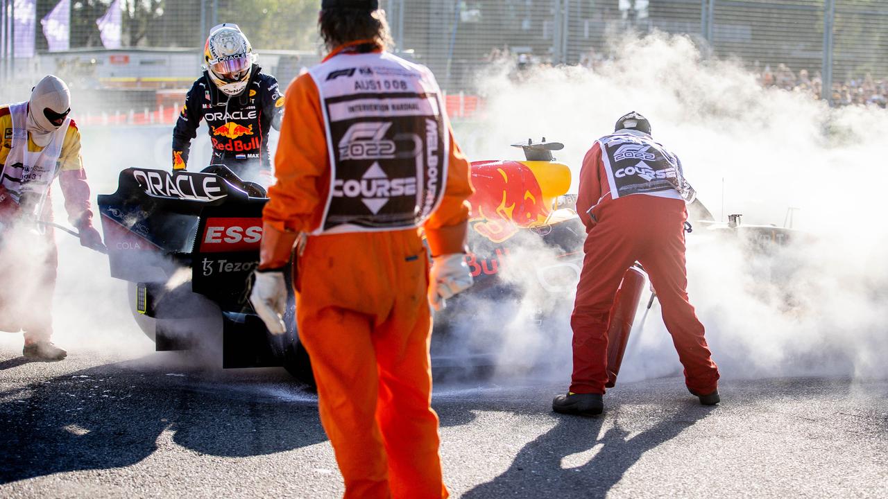 Formula 1 Grand Prix. Albert Park. Melbourne. Sunday. Race Day. Australia. F1. Max Verstappen retires after his car caught fire. Picture: Jake Nowakowski