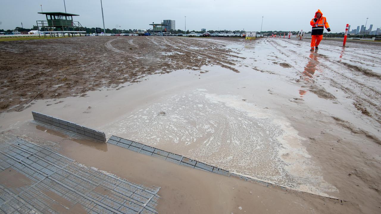 The carpark in the centre of the track at Flemington is looking a little waterlogged. Picture: Jay Town