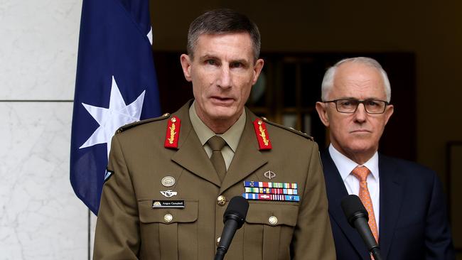 Current Chief of Army Lieutenant General Angus Campbell is announced by PM Malcolm Turnbull as the next Chief of the Defence Force at a press conference, Parliament House in Canberra. Picture Kym Smith