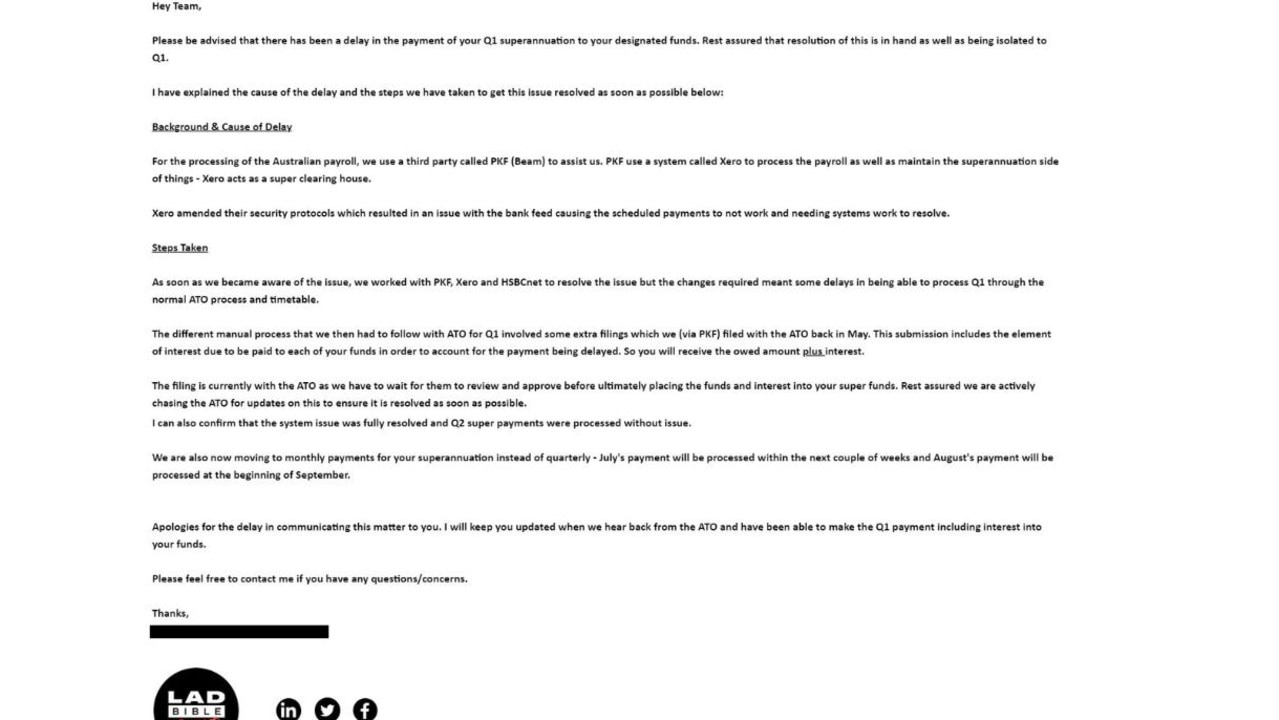 The email LADbible sent to Australian staff regarding their superannuation payments. Picture: Supplied.