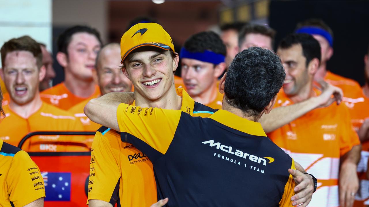 Oscar Piastri celebrates coming second in the Qatar F1 Grand Prix with McLaren team principal Andrea Stella. Picture: Clive Rose/Getty Images.