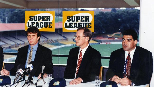 At the announcement of Super League matches to be played at Adelaide Oval from 1997, are (l-r) Super League chief executive John Ribot, SA Premier Dean Brown and former Test and Canberra rugby player Mal Meninga, Super League consultant, 08 Jun 1995.