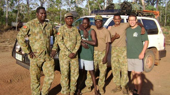 Solomon MP Luke Gosling reunites with NORFORCE mates Norman and James in Arnhem Land.