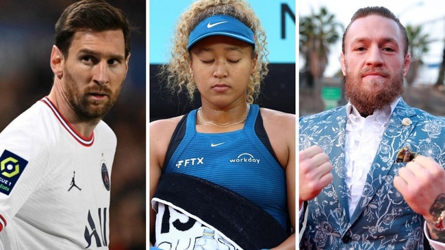 Conor McGregor, Lionel Messi and Naomi Osaka. Photo: Getty, AFP, Clive Brunskill, Sebastien Bozon, Rich Fury.