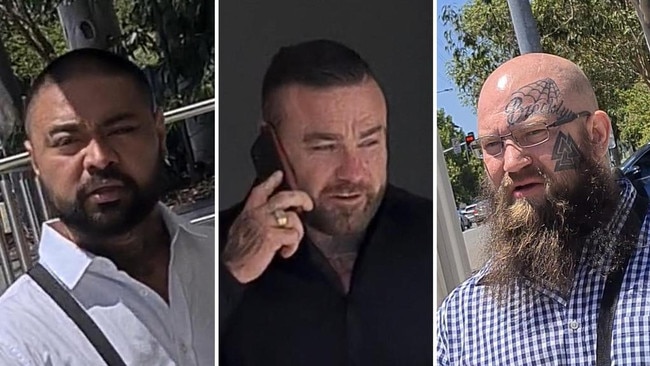 Bandidos OMCG member Haumono Uepi, left, with southwest president Ben Williamson, and Christopher Forbes escaped jailtime after being sentenced at Penrith Local Court. Picture: Nathan Schmidt